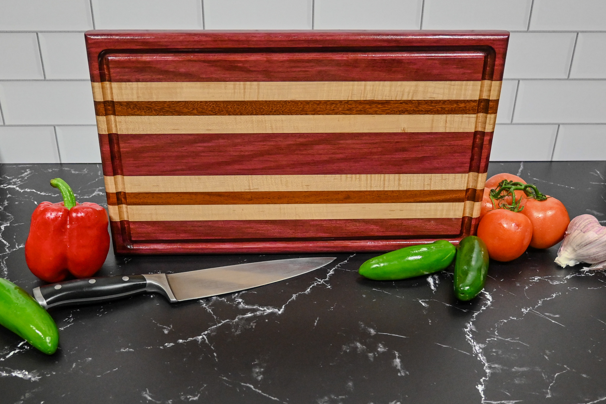 Purple Heart, Cherry and Mahogany Edge Grain Cutting Board - Image 3
