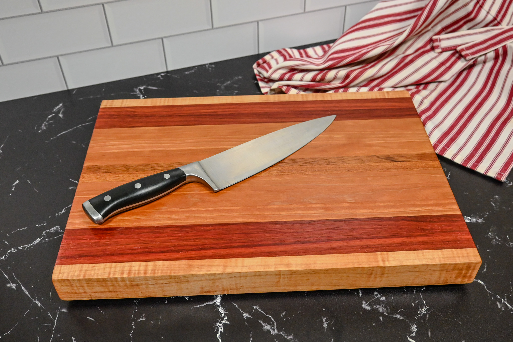 Paduk, Cherry and Curly Maple Edge Grain Cutting Board - Image 4