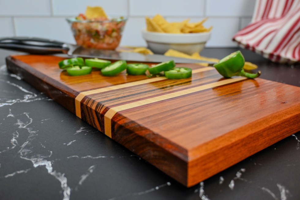 Mahogany, Curly Maple, Purple Heart and Zebra Wood Cutting Board
